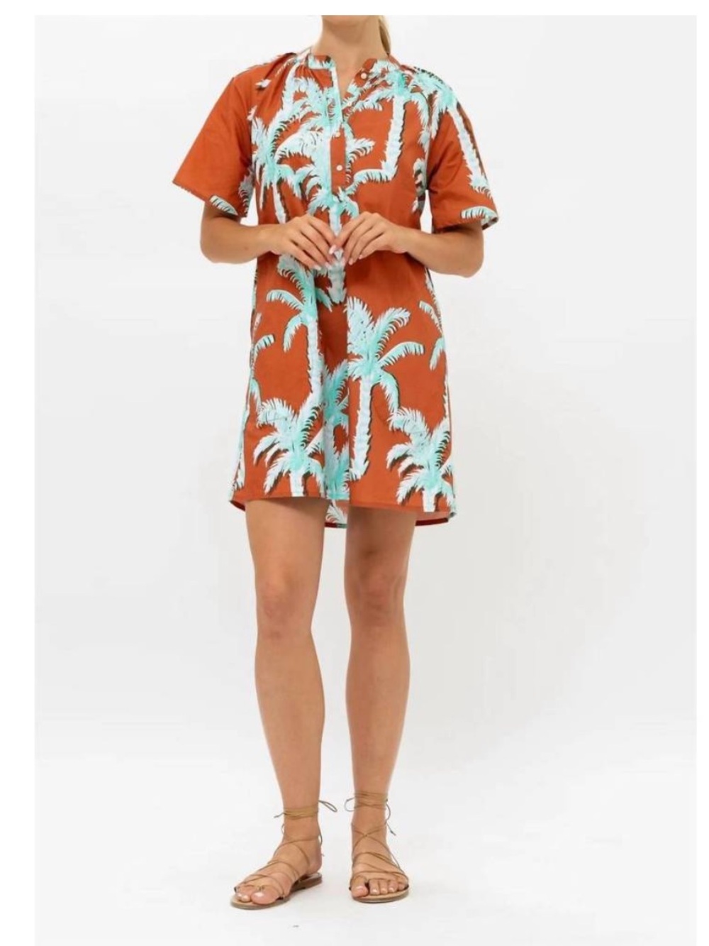 Oliphant pocket mini dress puff sleeves in  Cartagena brown palm trees - Picture 3 of 13